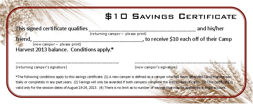 Camp Harvest Savings Certificate